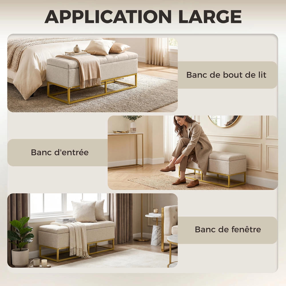 Panca Contenitore 2 in 1 con Seduta Imbottita Capitonné e Piedi in Acciaio Dorato, Cassapanca per Casa 110 x 44 x 48 cm Beige
