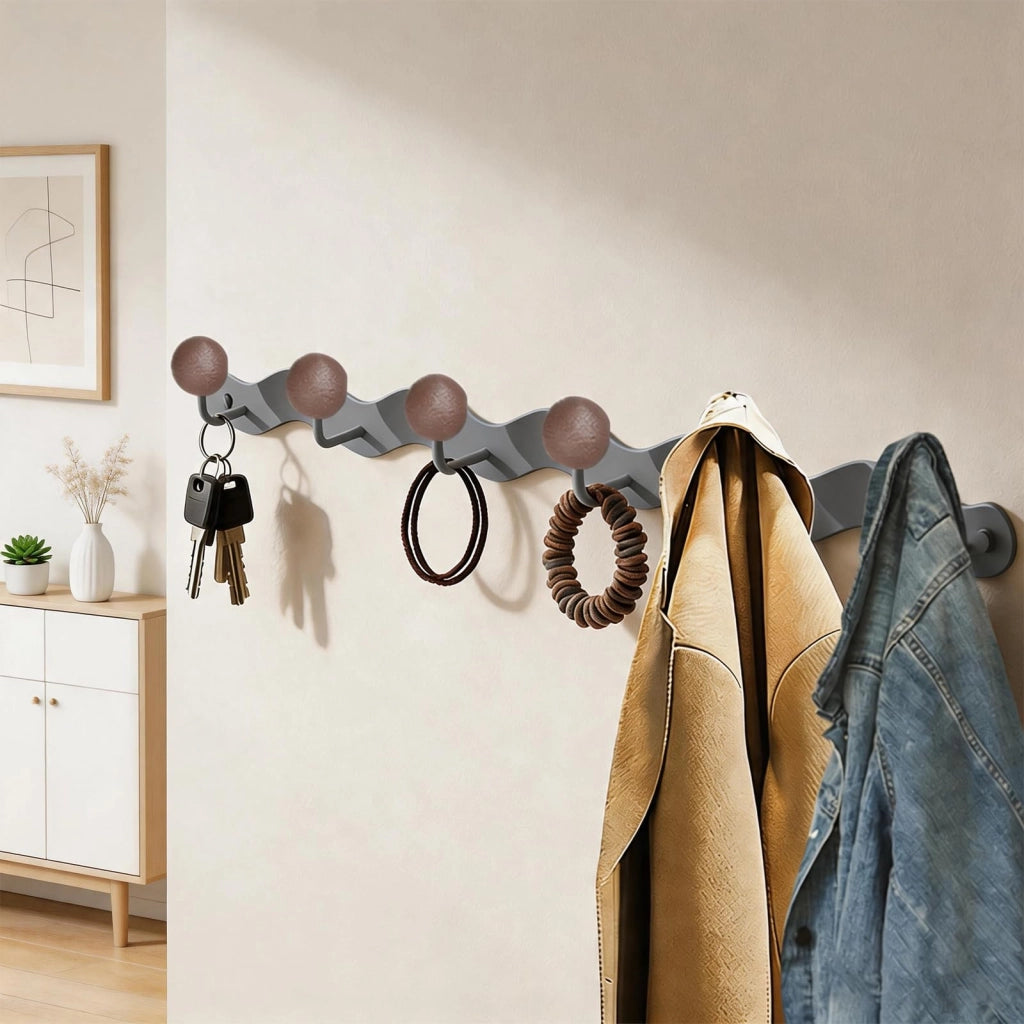 Appendiabiti a parete, 46 cm, 6 ganci, legno e metallo, grigio, per ingresso