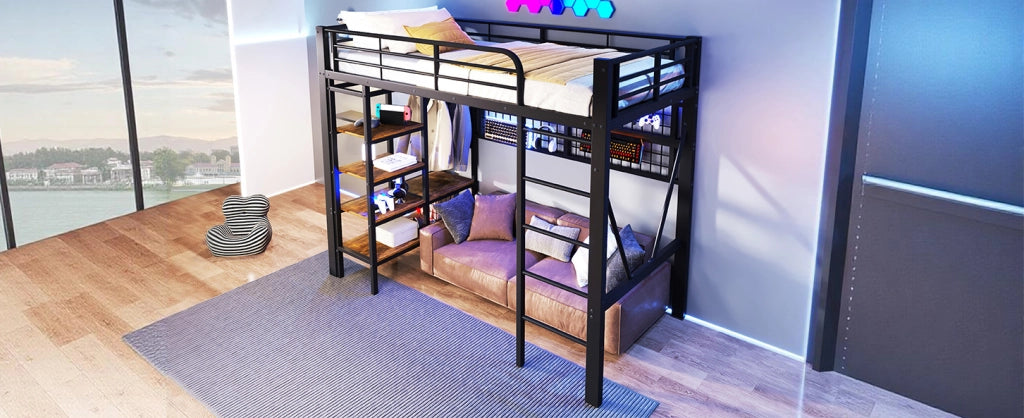 Letto a soppalco 90x200 cm con struttura in ferro, zona sotto letto aperta, ripiano e rete appendiabiti, barra appendiabiti, luce LED integrata, senza materasso, nero
