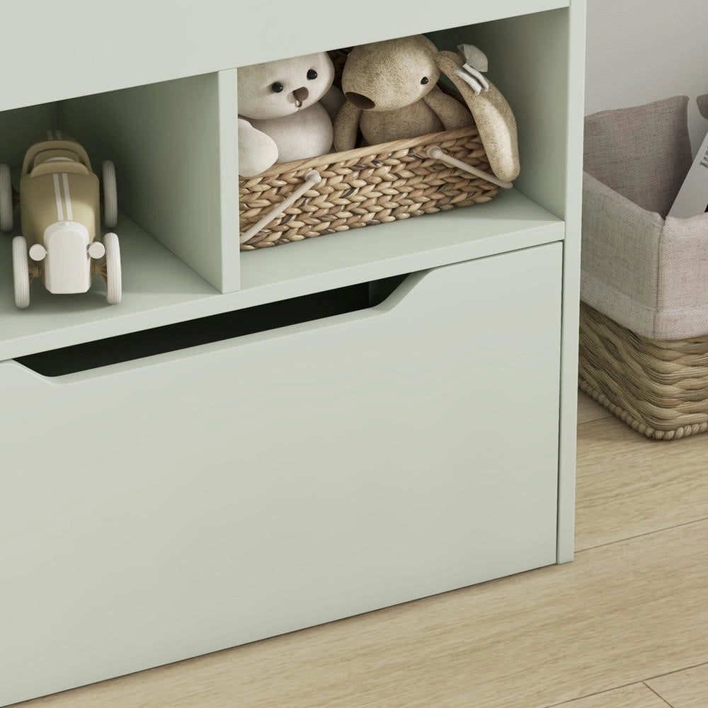 Libreria Scaffale Multiuso per Bambini in Legno Verde Chiaro con 3 Ripiani 2 Vani e Grande Cassetto Salvaspazio per Cameretta
