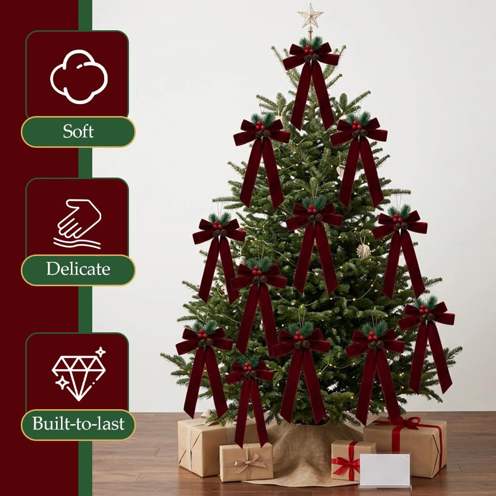 12 nastri decorativi rossi per albero di Natale, con decorazioni a forma di pigna/strass