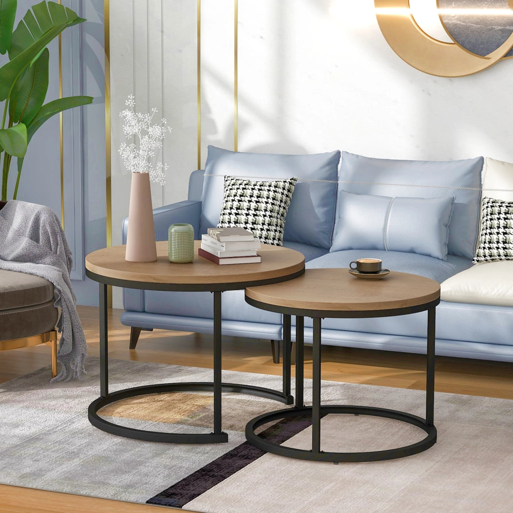 Tavolini da salotto set di 2 rotondi sovrapponibili in MDF noce e nero con struttura in metallo dal design moderno