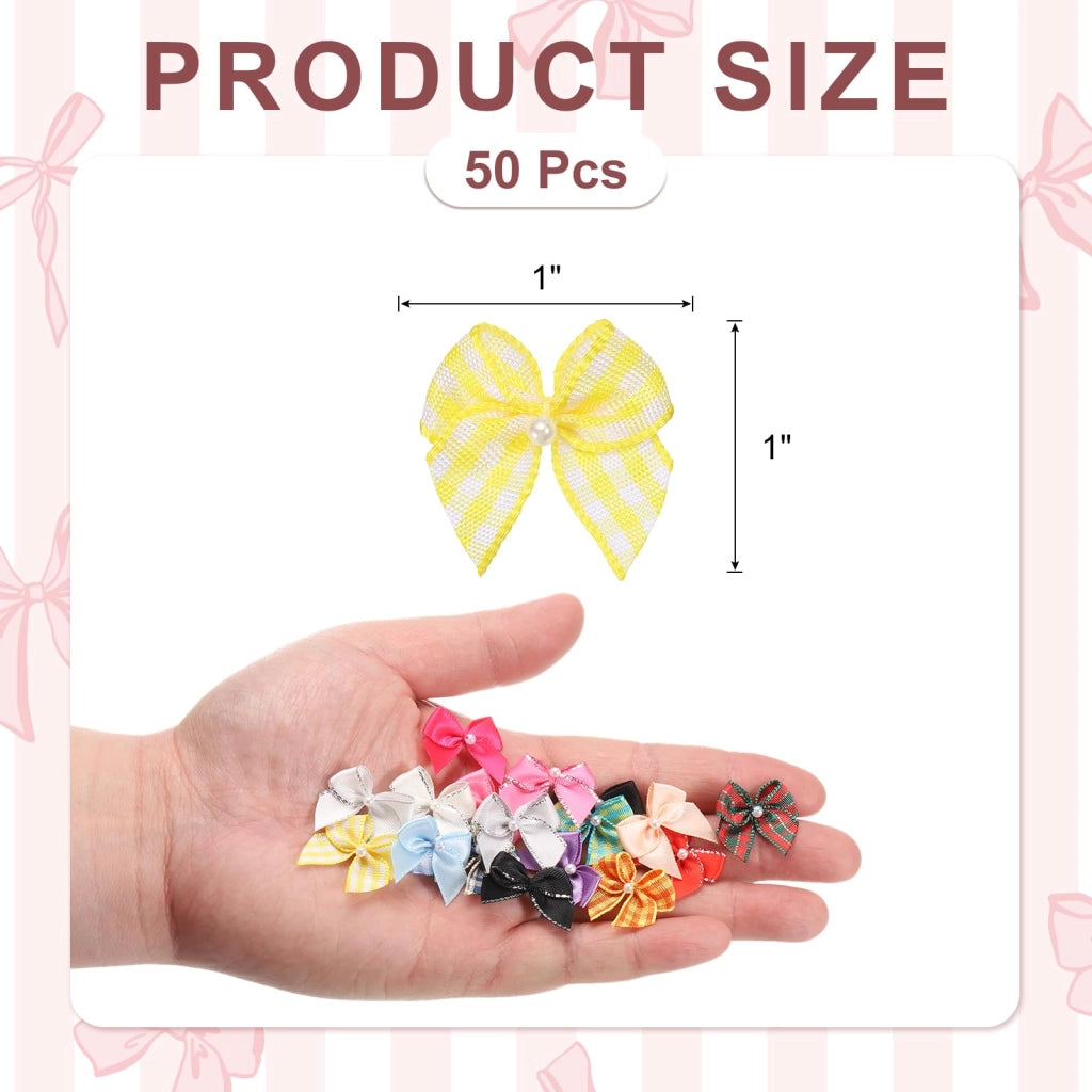 50 mini nastri a maglia con perle, 2,5 cm, giallo-bianco, poliestere, per bricolage, fiocchi per capelli fai da te, cucito, matrimonio, festa, decorazioni natalizie