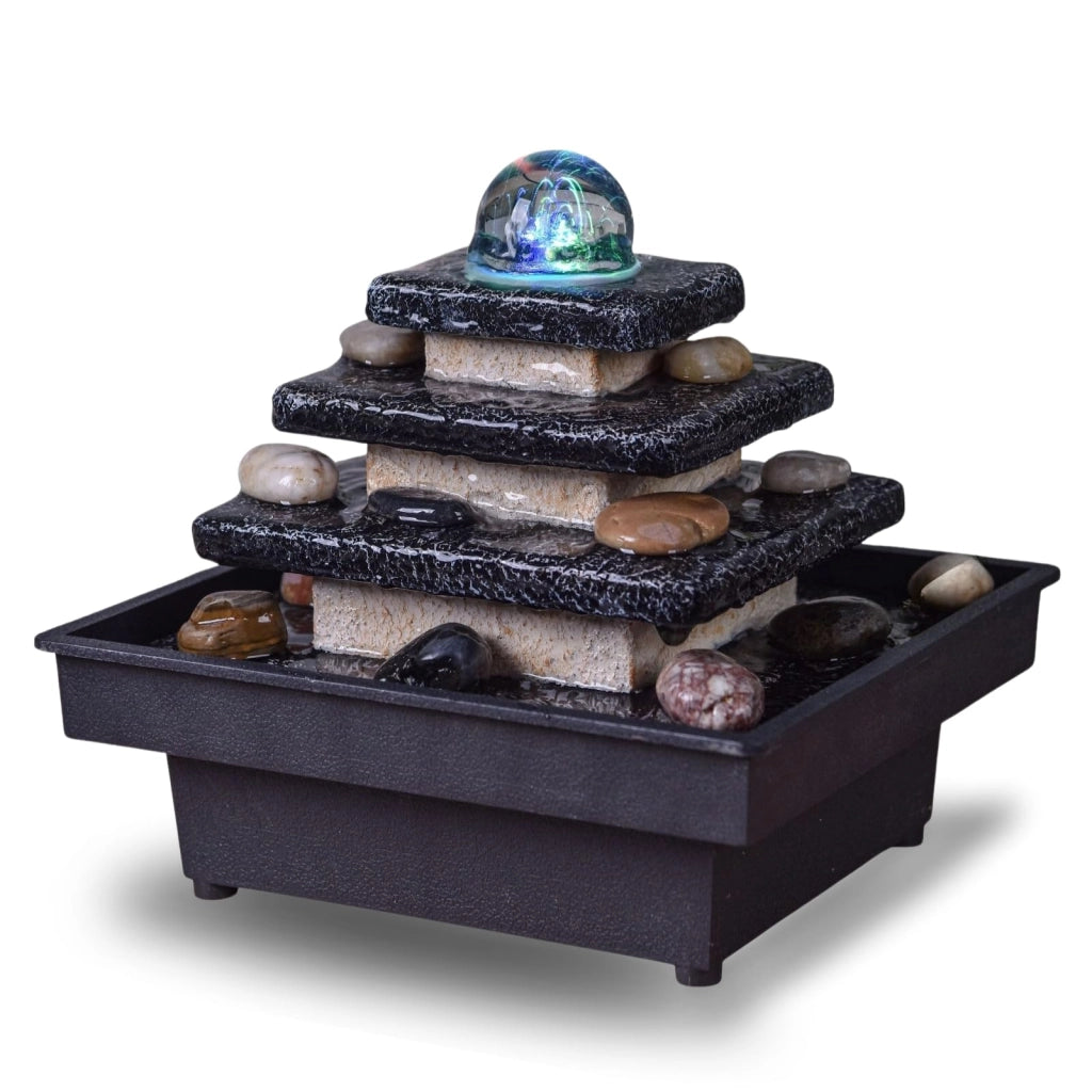 Fontana da tavolo con luci LED, cascata, decorazione a forma di tempio, realizzata in resina, dimensioni 18x20x18 cm