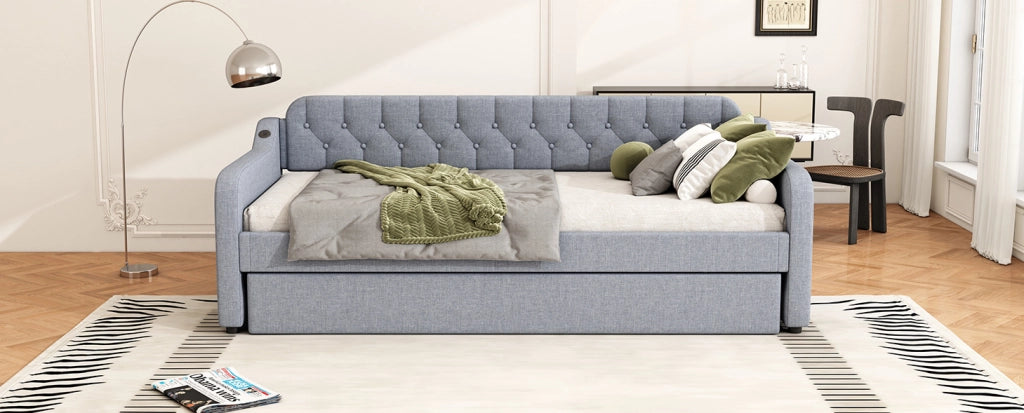 Divano Letto 90x200 cm con Letto Estraibile e Porta USB, Grigio