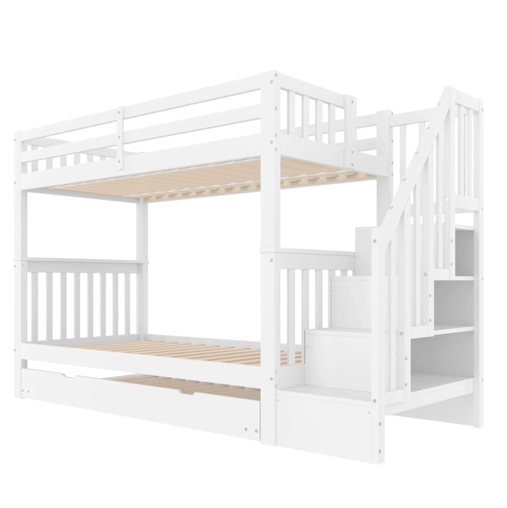 Letto a castello 90x200 cm con letto estraibile e scala bianco