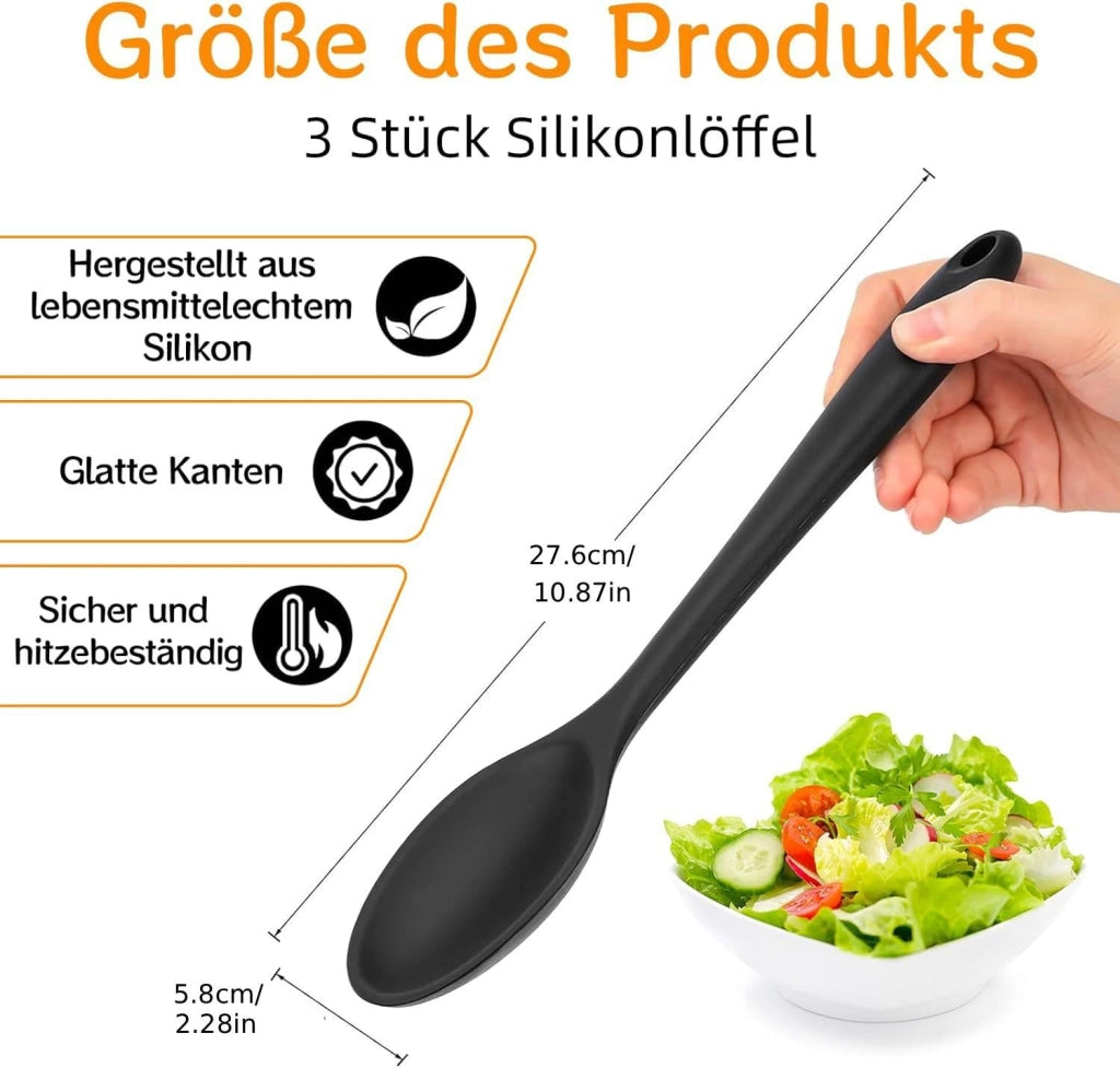 3 cucchiai da cucina in silicone, 27 cm, resistenti al calore, non graffianti