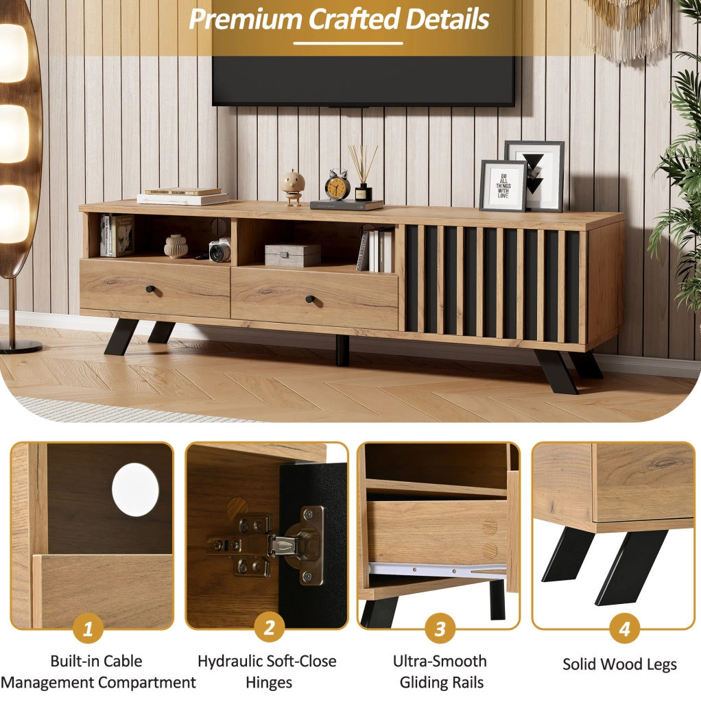 Mobile TV da 150x38x44 cm con 2 cassetti e 1 anta, struttura in truciolato, colore legno naturale e nero, adatto per TV fino a 60 pollici