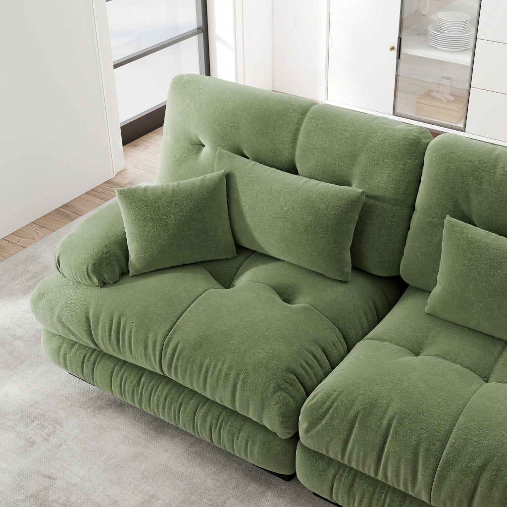 DIVANO modulare in ciniglia verde con pouf mobili