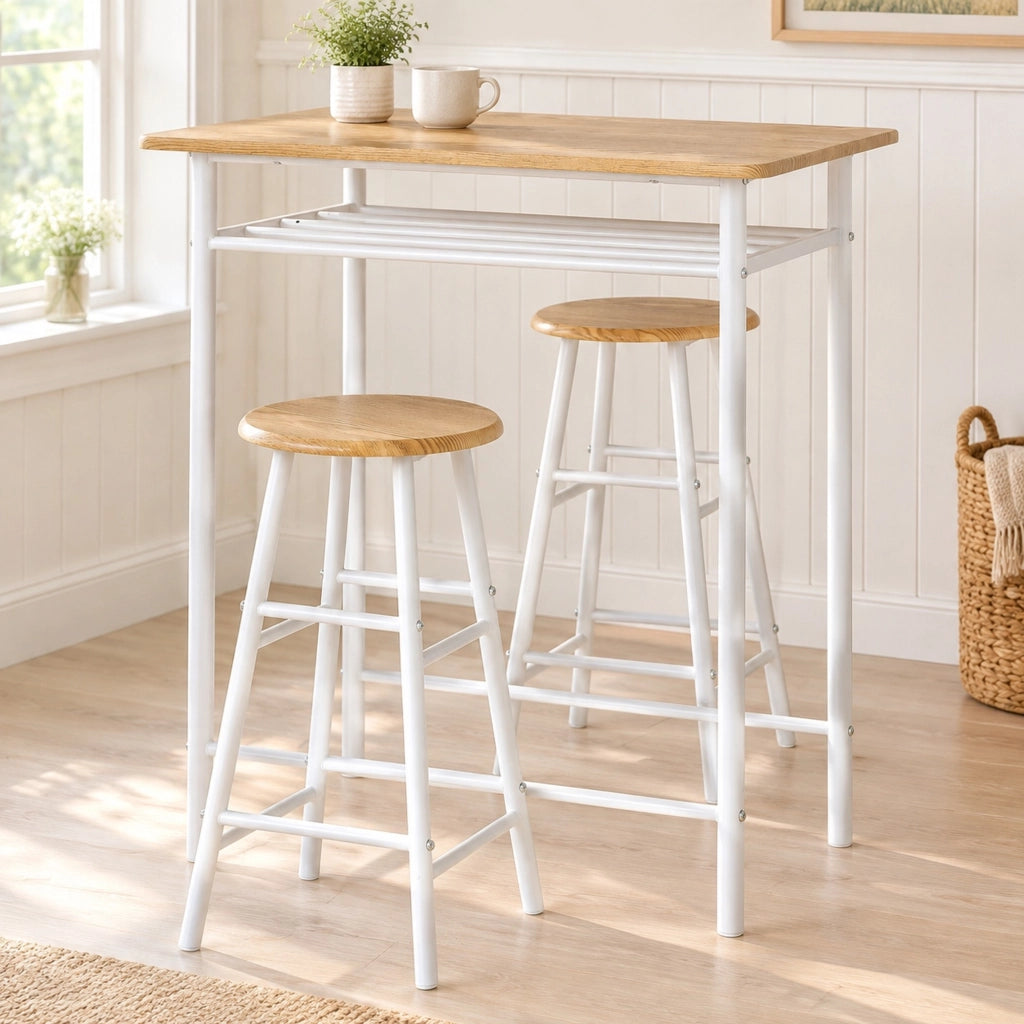 Set tavolo bar 3 pezzi con 2 sgabelli - MDF, metallo bianco e quercia, 80x50x90 cm