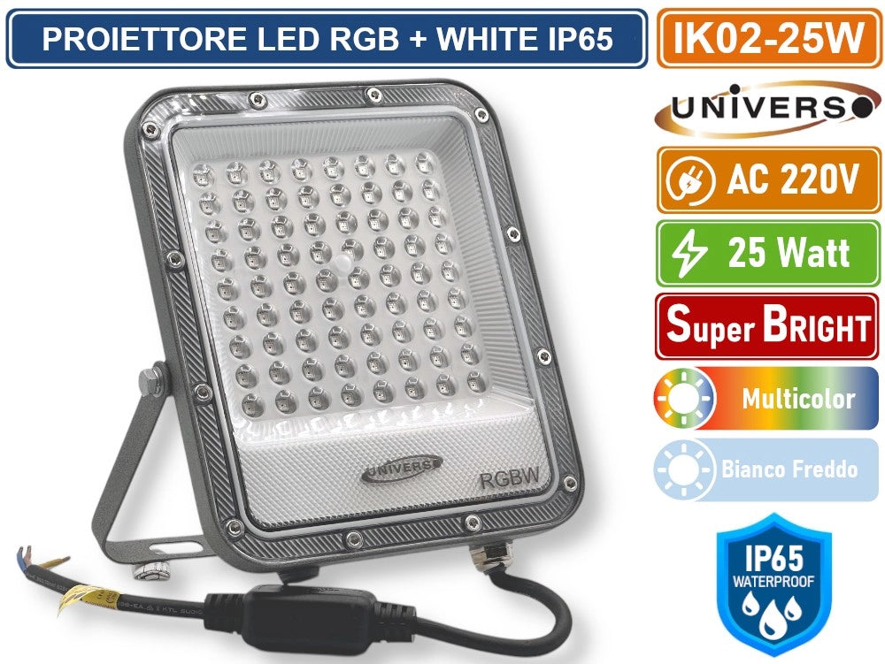 UNIVERSO IK02-25W PROIETTORE FARO LED SMD MULTICOLE RGB + WHITE 25W DA ESTERNO CON TELECOMANDO