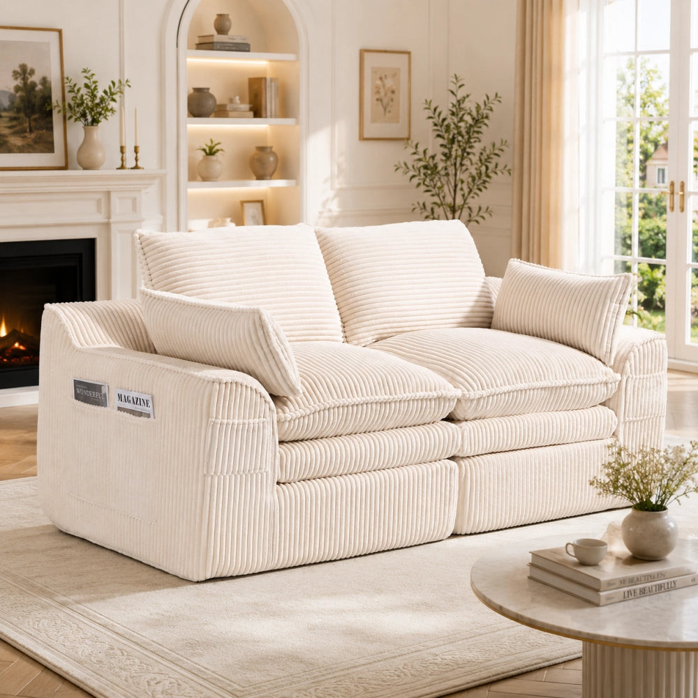 Divano 2 posti modulare in velluto a coste beige con cuscini e tasche laterali per casa e soggiorno 191*94*85cm