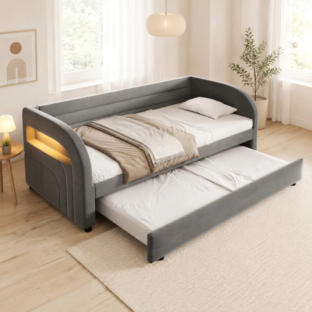 Letto singolo 90x200 cm con letto estraibile e LED; in flanella e MDF; grigio