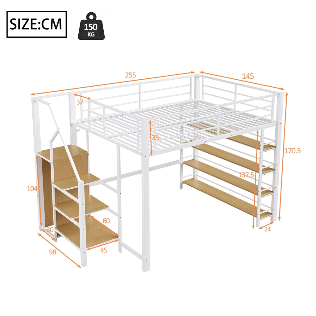 Letto a soppalco 140 × 200 cm con scala contenitore in MDF e metallo bianco armadio e ripiani per cameretta