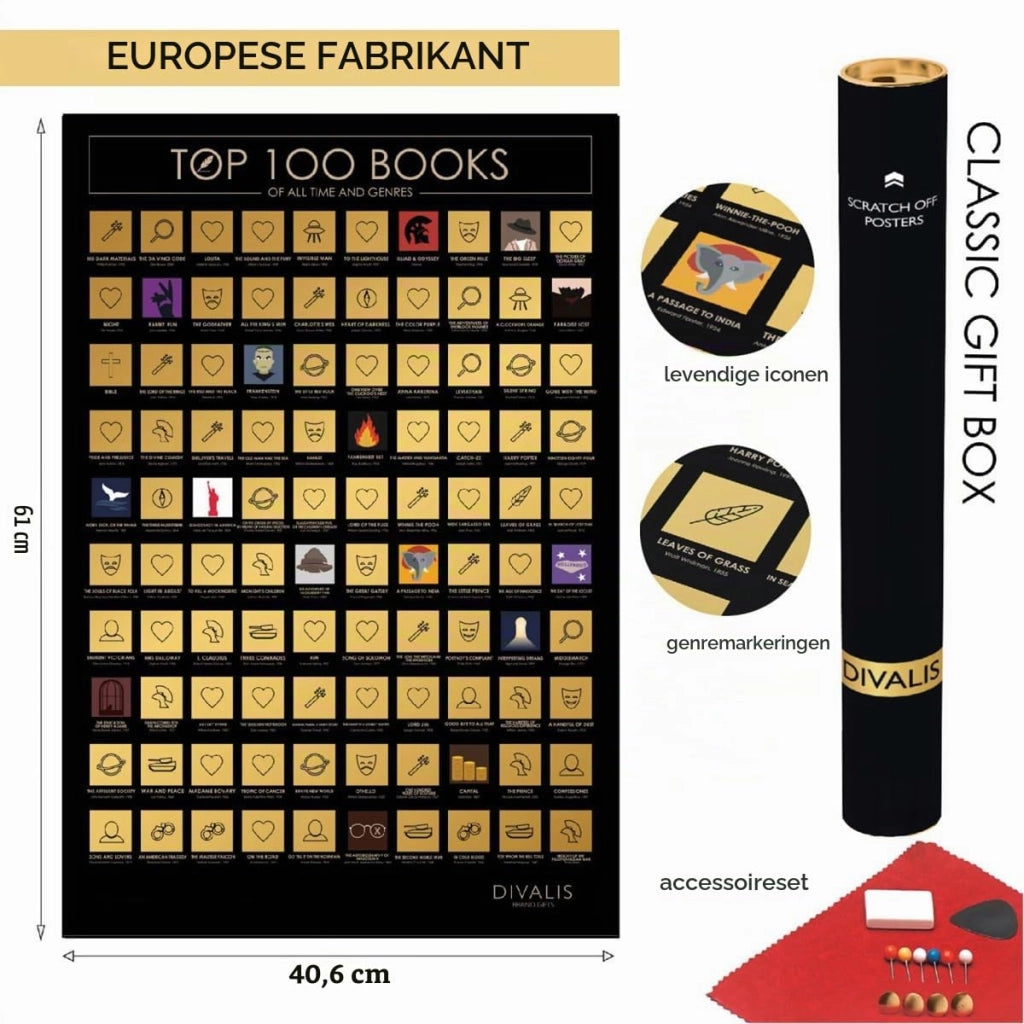 Poster "Top 100 Libri" con area grattabile, dimensioni 61x41 cm