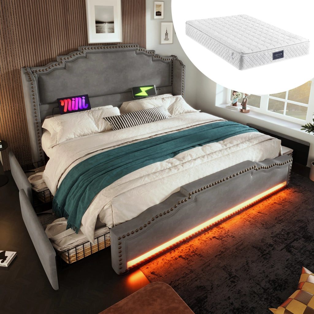 Letto con cassetti 180 ¡Á 200 cm con 4 cassetti LED USB e Type-C rivestito in velluto grigio con rete a doghe