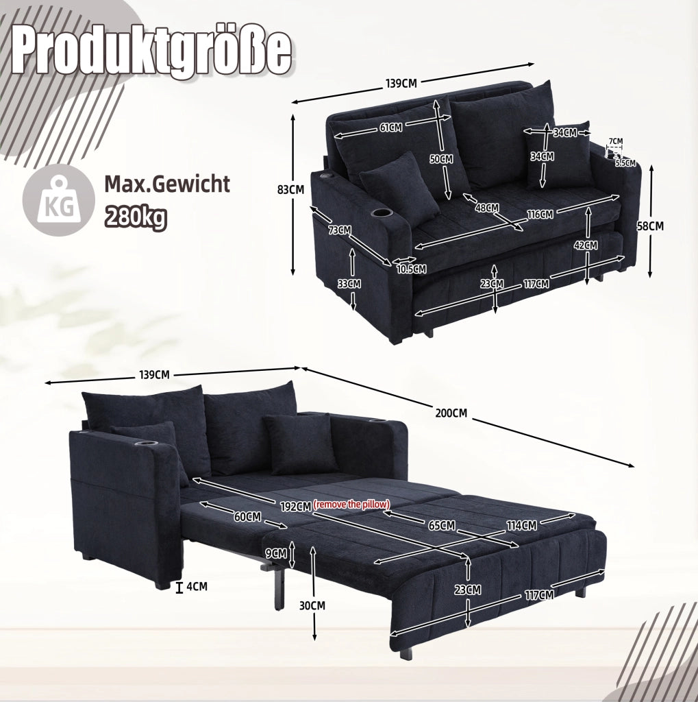 Divano letto ULEVR in ciniglia nera 139x83x58 cm trasformabile, con tasche laterali e 4 cuscini