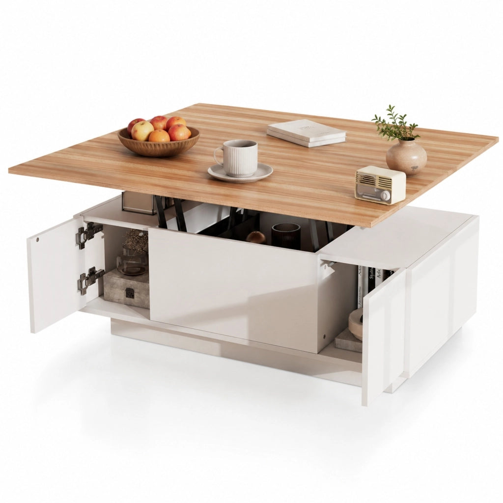 Tavolino da caffè sollevabile 100 x 50 cm bianco e legno, doppio piano