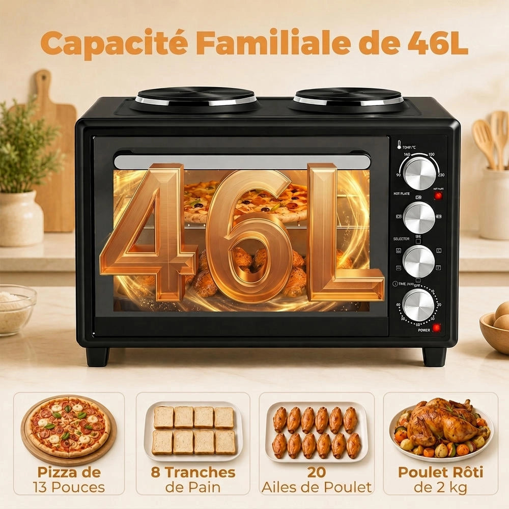 Mini Forno Elettrico Ventilato 46L 1800W con 2 Piastre di Cottura e Girarrosto Fornetto Multifunzione con Timer Salvaspazio Nero