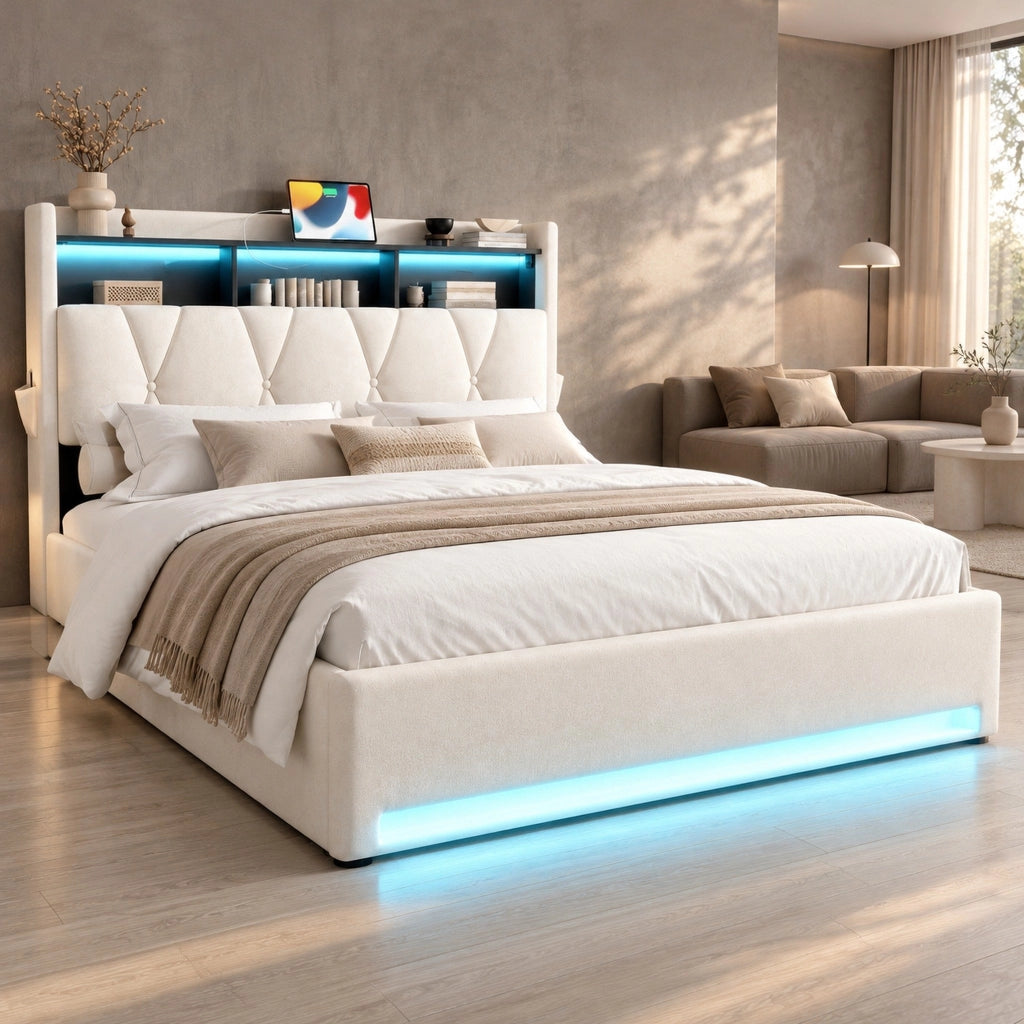 Letto contenitore 160x200 beige in velluto con LED, USB, Type-C e materasso
