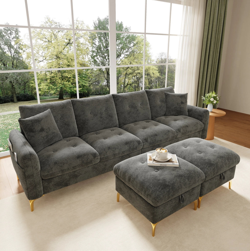 Divano modulare grigio in ciniglia con 2 pouf contenitore