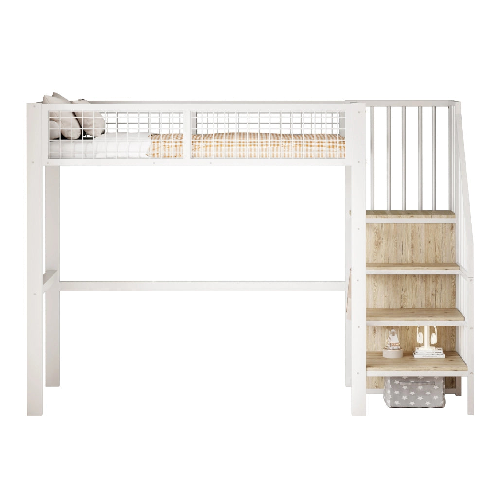 Letti a soppalco per bambini 90x200 cm con scala, armadio e rete a doghe in metallo bianco per cameretta, senza materasso