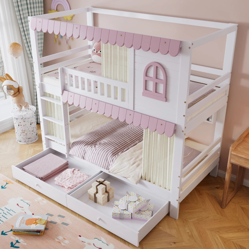 Letto a castello per bambini 90x200 cm con cassetti e ripiani in pino e MDF bianco e rosa