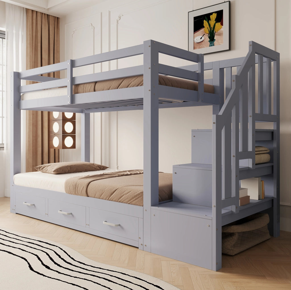 Letto a castello ULEVR 90x200 cm con letto estraibile 90/180x190 cm, 3 cassetti e scala contenitore, grigio