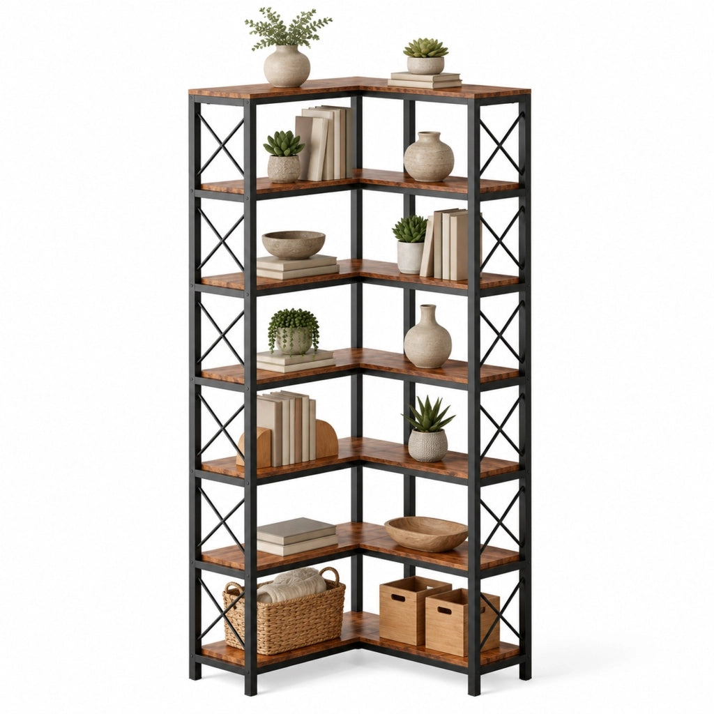 Libreria angolare 60x24x200 cm in metallo e legno nero, stile industriale