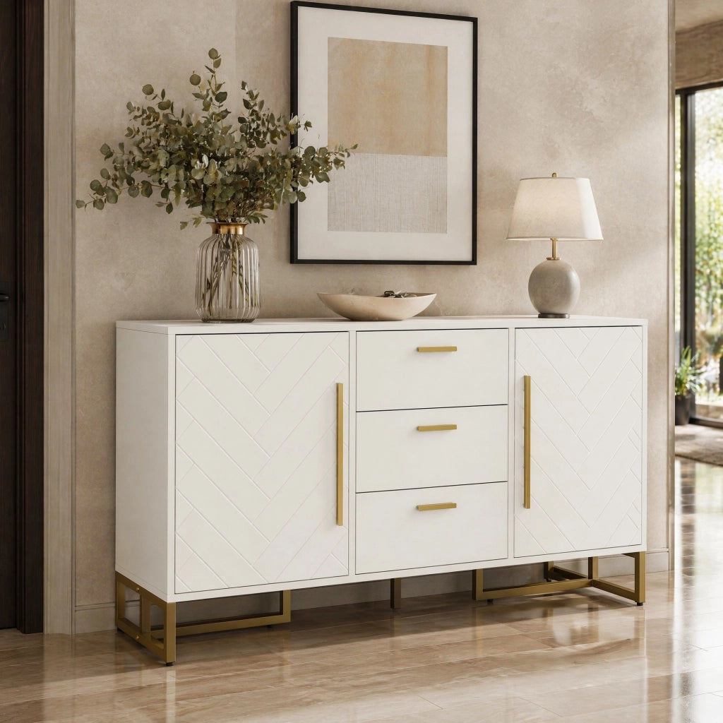 Credenza con 2 ante e 3 cassetti in MDF bianco con ripiani regolabili e motivo a chevron