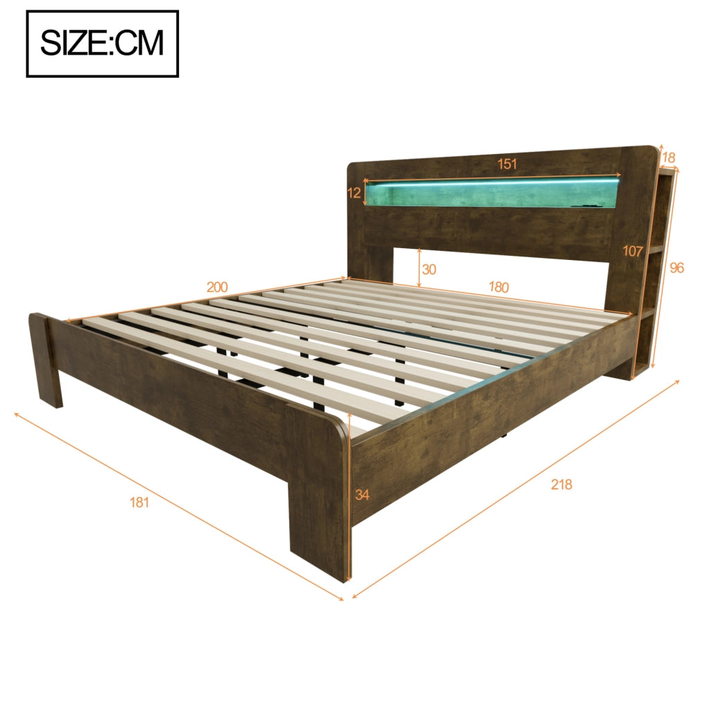 Letto matrimoniale multifunzione 180x200 cm in legno, con testiera contenitore, LED e prese