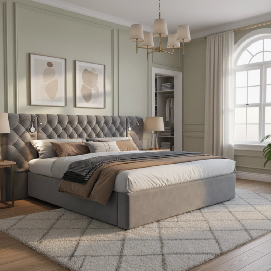 Letto contenitore 160 ¡Á 200 cm con due comodini rete a doghe in legno rivestito in lino grigio e nero
