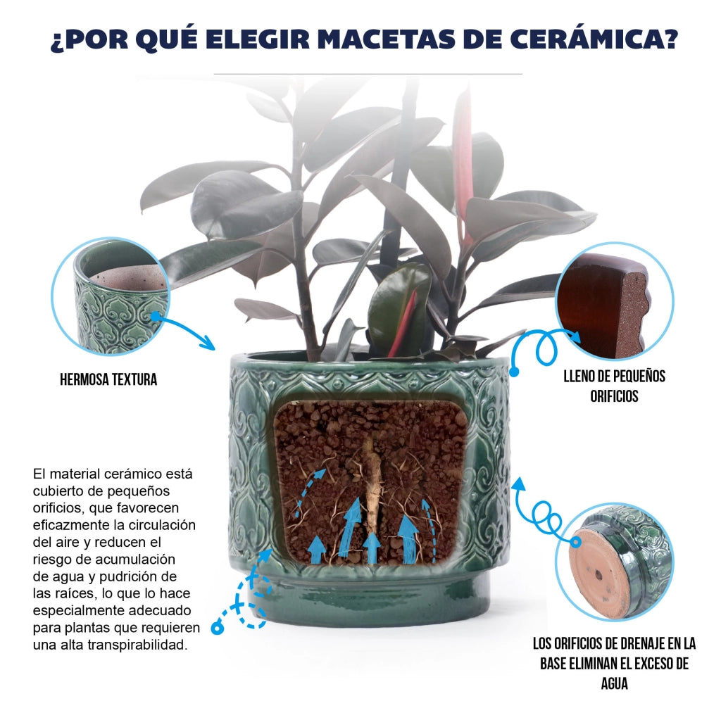Vaso in ceramica verde Ø 19 cm con rilievo a cuore e foro di drenaggio