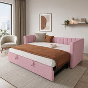 Divano letto 90 × 200 cm con letto estraibile rialzabile in velluto rosa e struttura in MDF