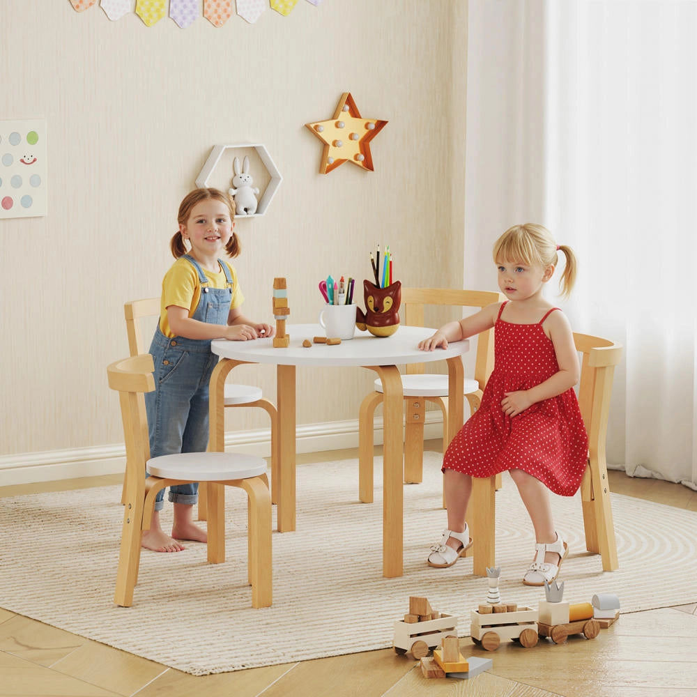 Set Tavolo e Sedie per Bambini 3-8 Anni 5 Pezzi in Legno Bianco con Angoli Arrotondati Robusto per Cameretta e Casa