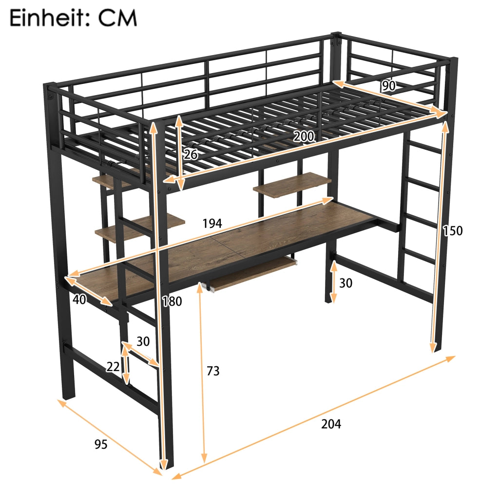 Letto a soppalco in metallo con scrivania e due scaffali, 90x200 cm, nero