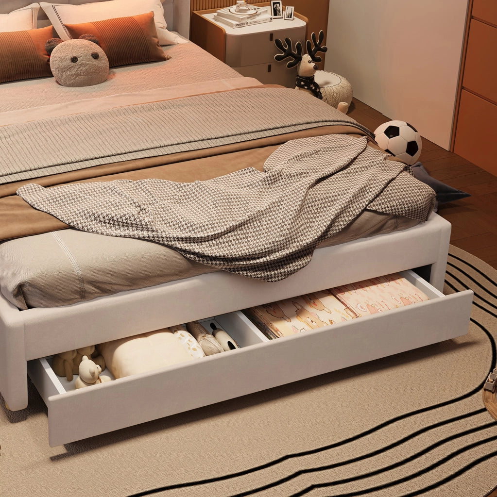 Letto per bambini imbottito beige 140 x 200 cm con scivolo e cassetto