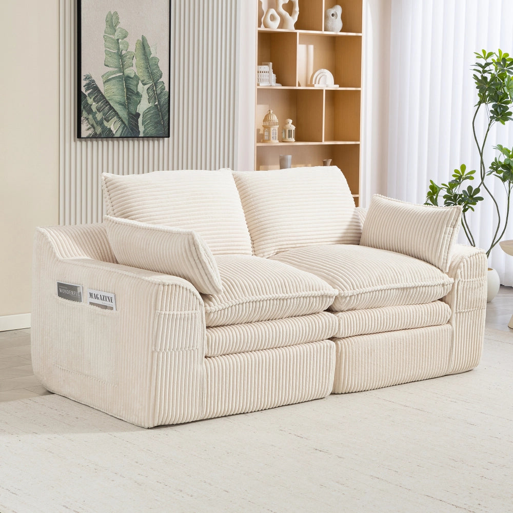 Divano 2 posti modulare in velluto a coste beige con cuscini e tasche laterali per casa e soggiorno 191*94*85cm