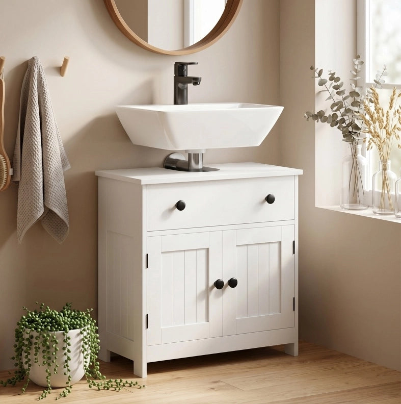 Mobile bagno bianco moderno con anta doppia, cassetto e chiusura soft-close, ideale per lavabo senza piedistallo