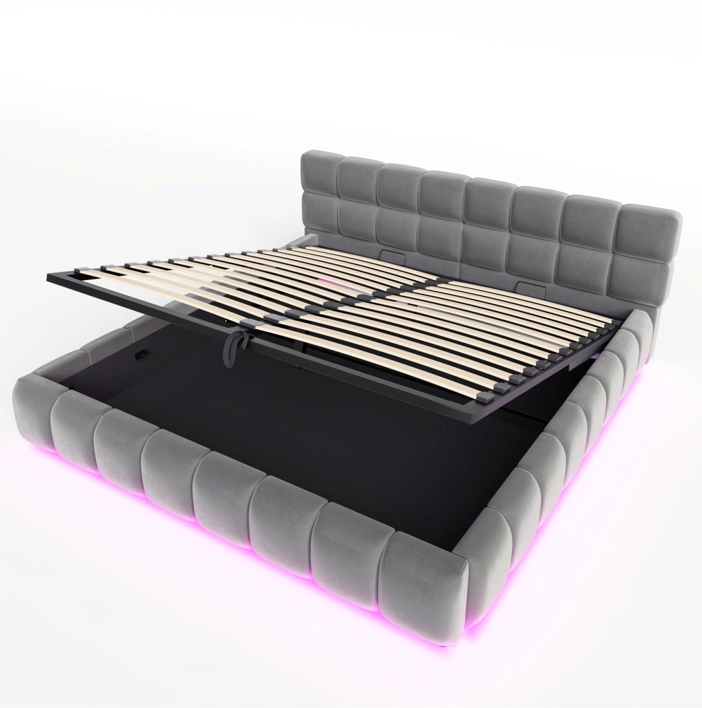 Letto imbottito 180x200 cm con illuminazione LED, contenitore idraulico e testiera in velluto grigio