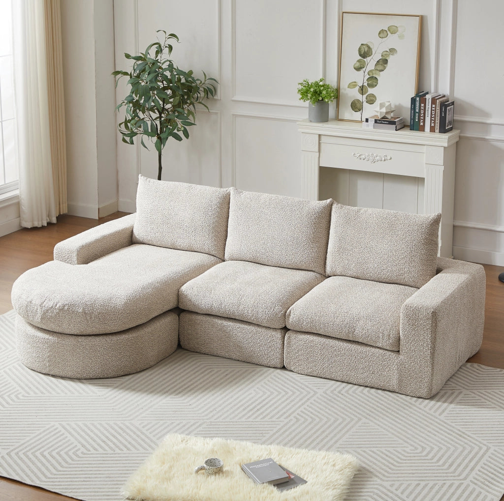 Divano modulare in ciniglia beige con seduta allungata reversibile