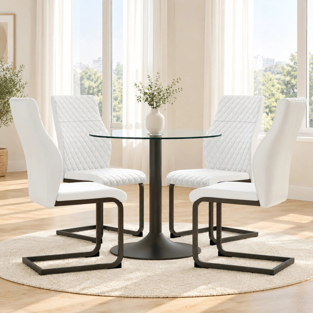 Set tavolo da pranzo rotondo con 4 sedie in ecopelle bianca tavolo in vetro temperato da 85 cm e base in metallo nero