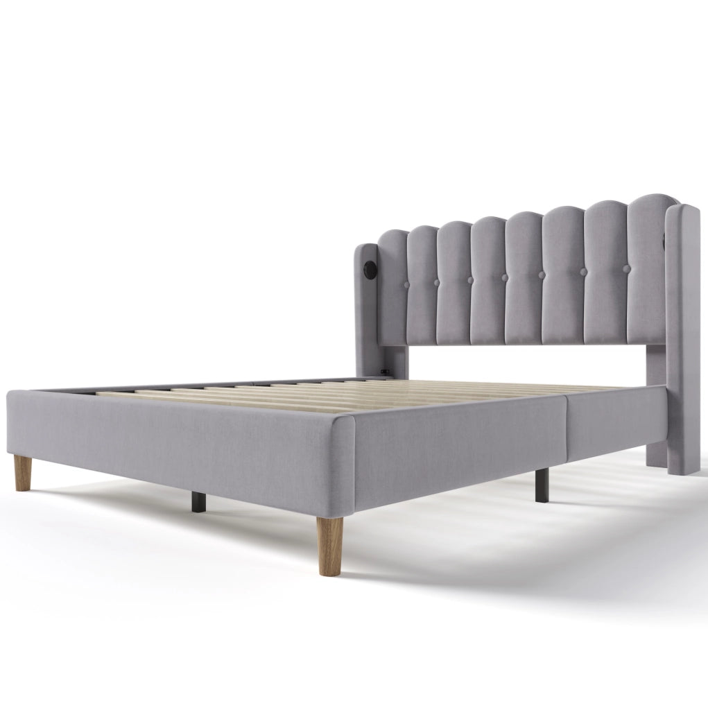 Letto imbottito 140x200 cm in lino grigio con porta USB e Type-C, con materasso