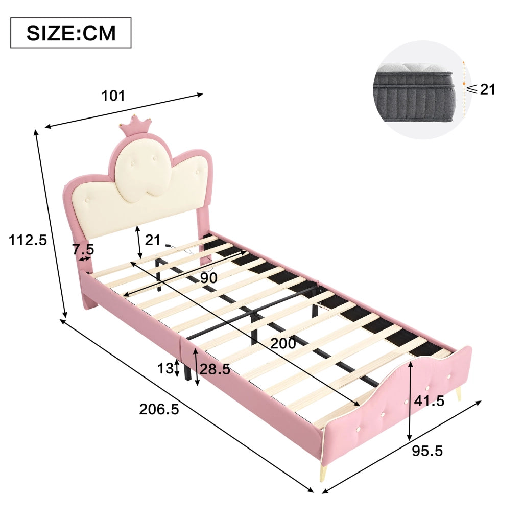 Letto imbottito bambini 90x200 rosa e bianco in PU con LED e materasso