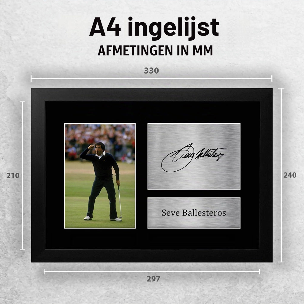 Fotografie A4 incorniciate, con la firma di Seve Ballesteros, dimensioni 29,7x21 cm
