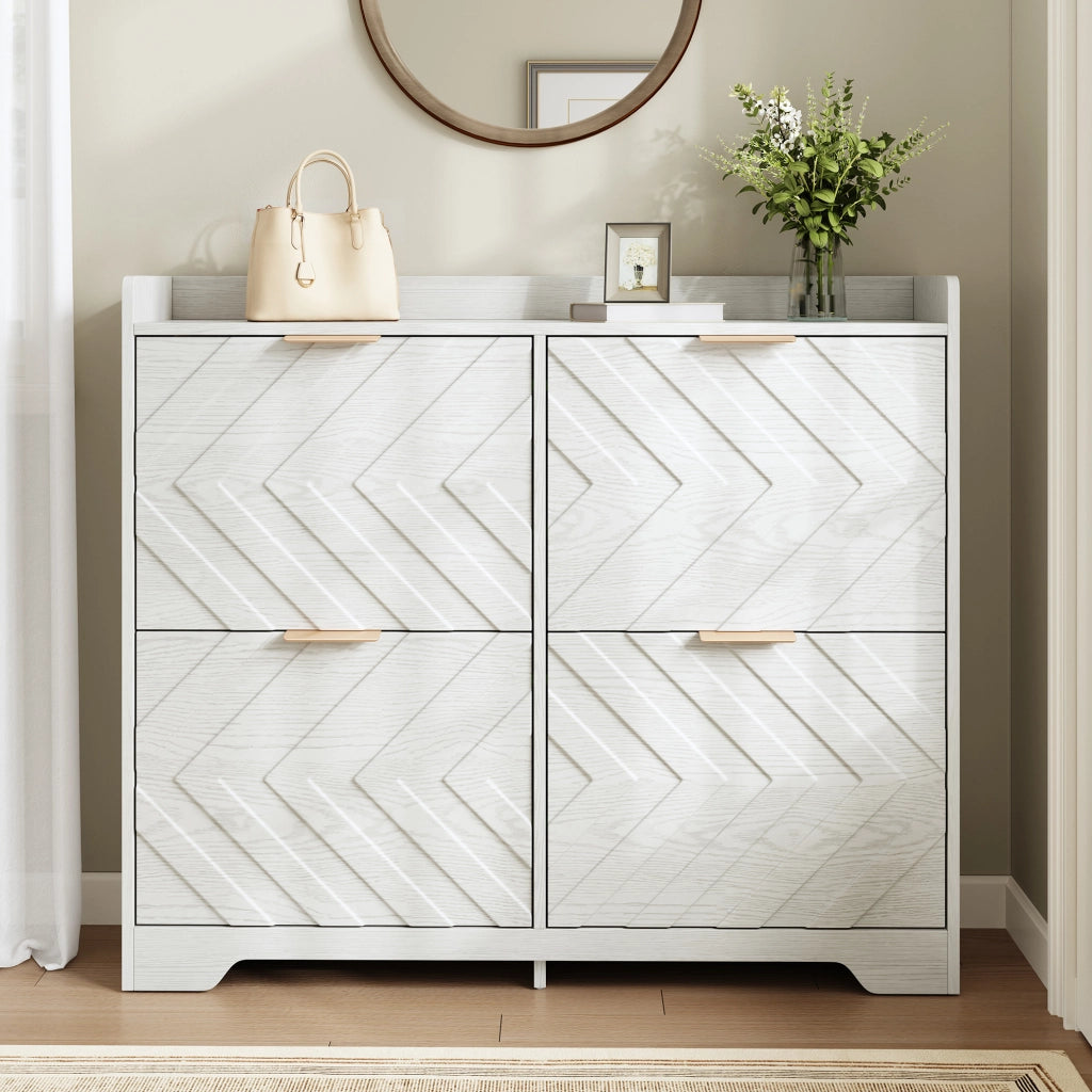 Scarpiera 105x24x90 cm con 4 vani a ribalta e frontale 3D in MDF bianco