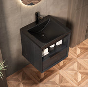 Mobile Lavabo Sospeso con Lavabo Integrato in Ceramica Nero e Rovere Scuro con Cassetto e Ripiano