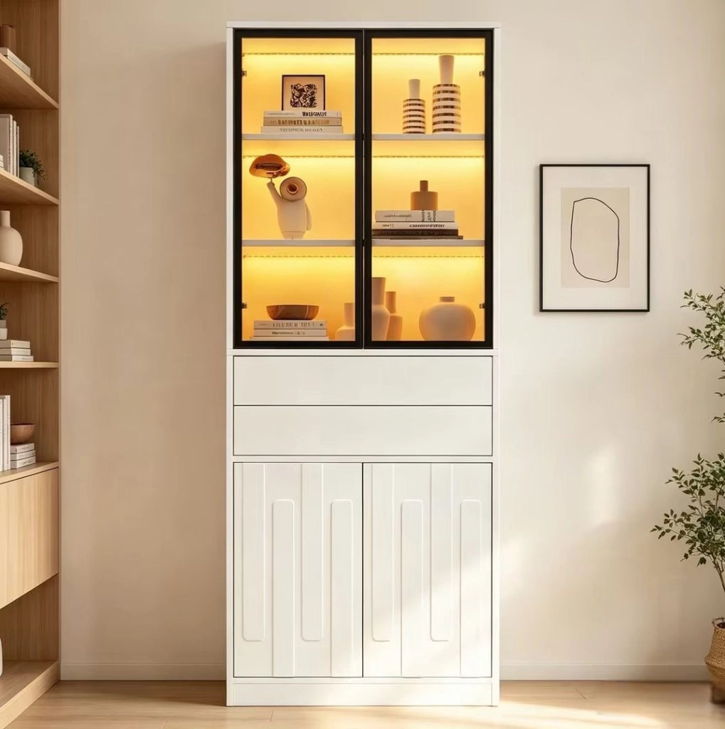 Vetrina alta con LED Bluetooth, 4 ante e 2 cassetti, 70 x 34 x 180 cm, bianca