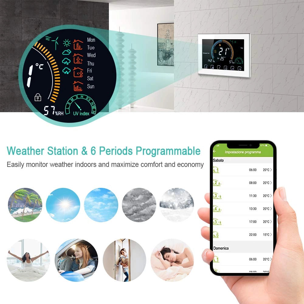 Termostato Wi-Fi per caldaie a gas, programmabile, bianco, con controllo vocale
