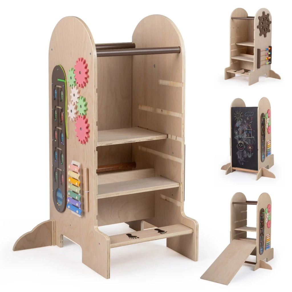 Torre di apprendimento per bambini, sgabello multifunzionale regolabile con scivolo e lavagna per casa e cucina